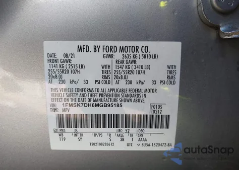 2021 Ford Explorer Xlt из США, поврежденный, VIN 1FMSK7DH6MGB95185